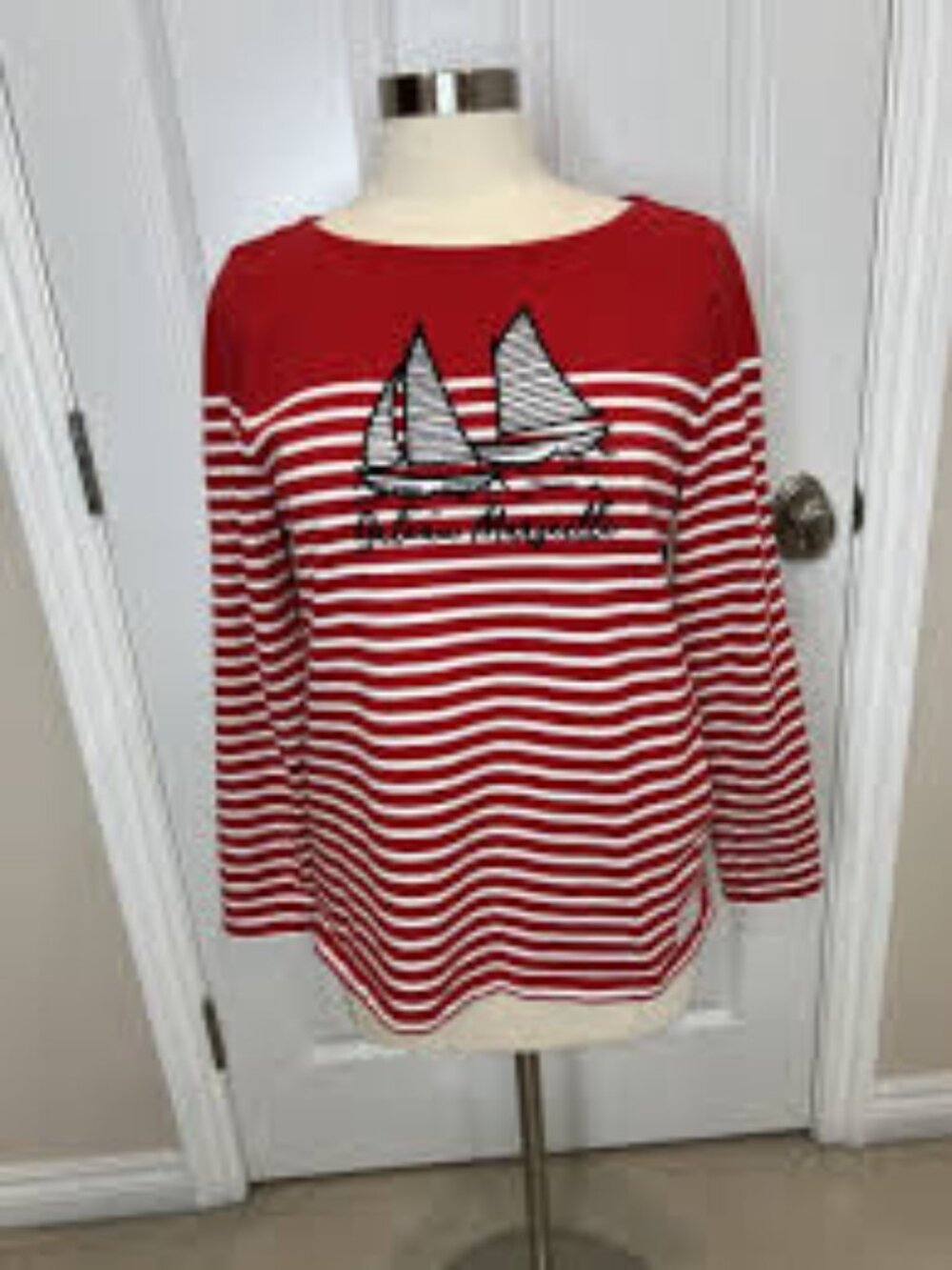 Talbots France Bateau Marseille Stripe Top – Sailboat Graphic – Size M 🔥